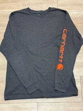 Carhartt Charcoal Long-Sleeve Tee with Orange Sleeve Logo
